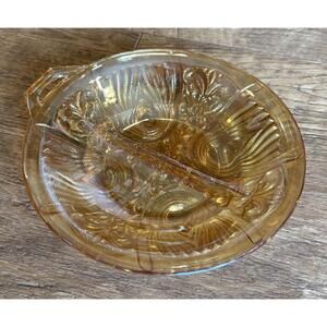 Vintage Indiana Glass Iridescent Amber Killarney Divided Relish Dish w Handle